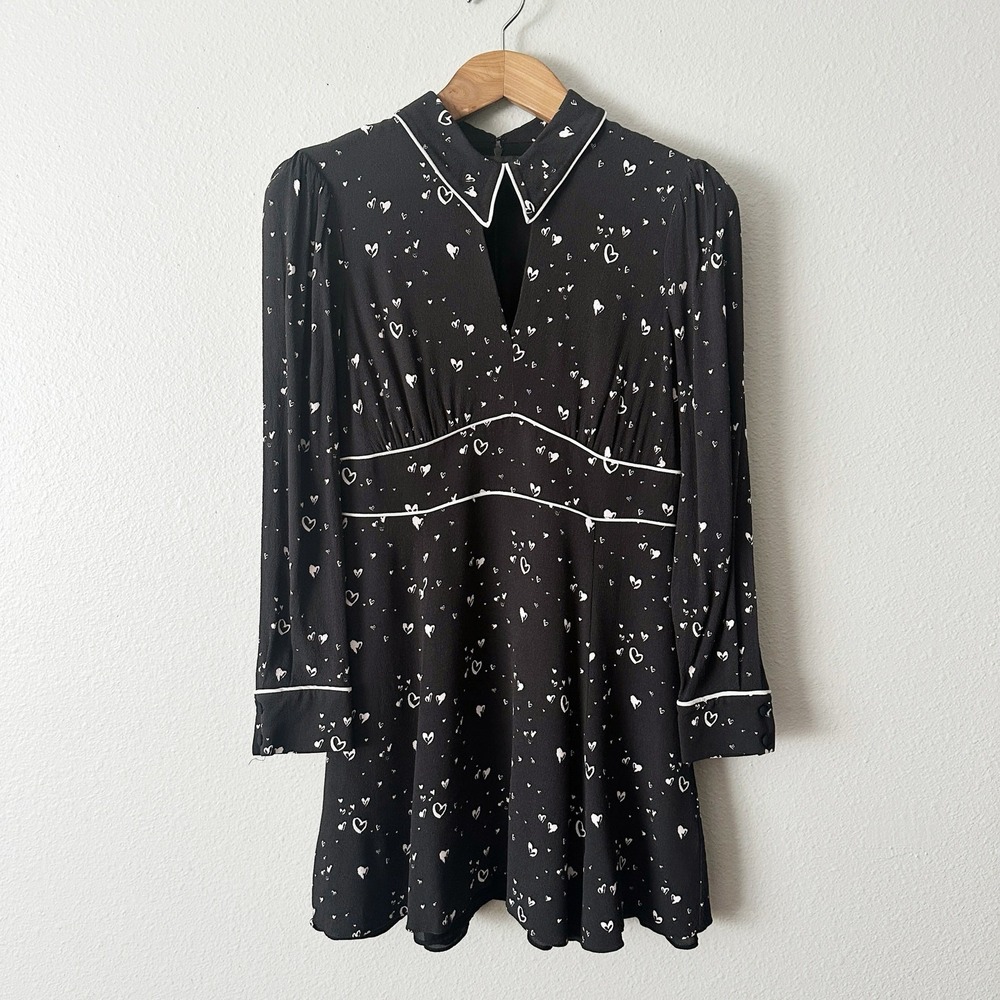 Parker Kaylin Heart-Print Crepe Long Sleeve Collared Mini Dress Women's Size 8